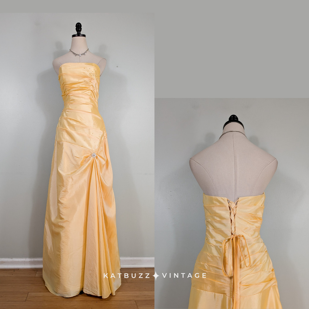 Y2K Prom Dress Maxi Gown M Princess Corset Bead Glam Strapless Pleat Belle Glam